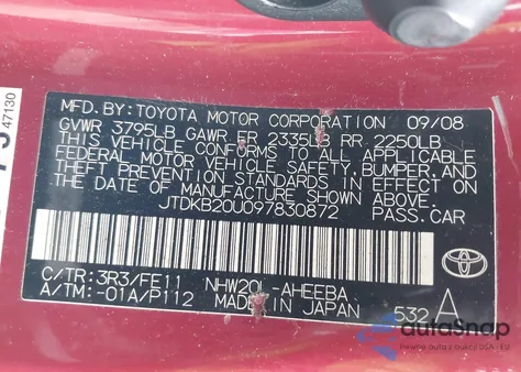 2009 Toyota Prius z USA, uszkodzony, nr VIN JTDKB20U097830872